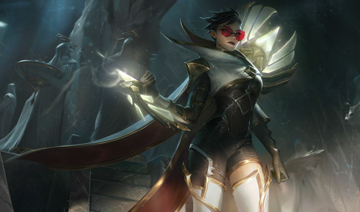 Vayne is Great With LoL On Hit Items Standing in Her Shiny White and Black Armor