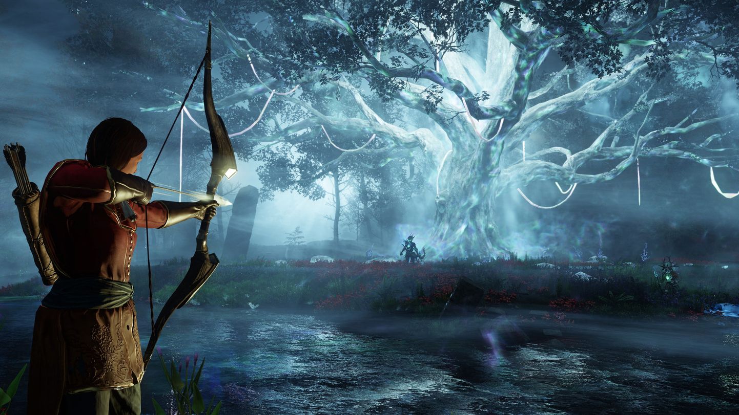 Woman firing an arrow towards a glowing tree in one of the most anticipated RPGs releasing in time for the holidays