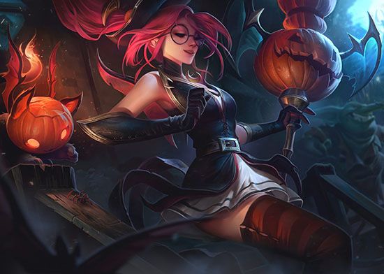 Support role Janna for new players is reclining with pumpkins and a staff made from a pumpkin head.