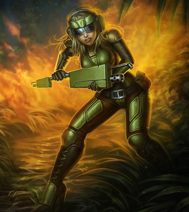 Commando Lux with Fire Behind Her