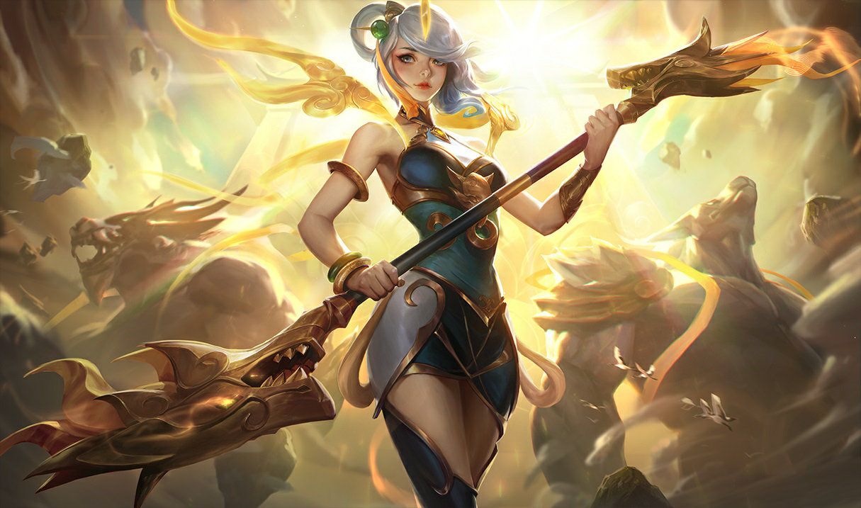 Best LoL Lux Skins Include Lunar Empress with Jade and Gold Costume with Howling Warwick Behind Her