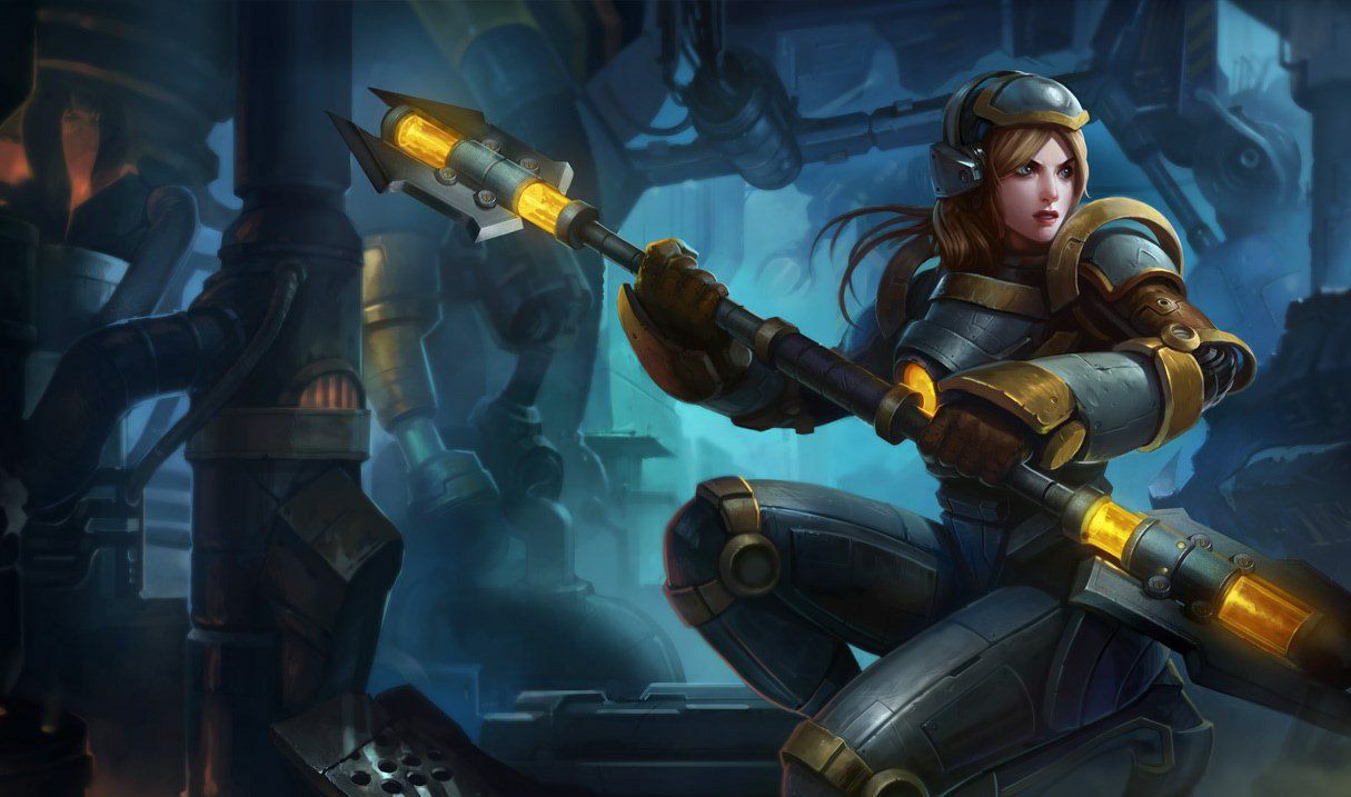 Steel legion for lux in lol with armor on and a futuristic looking staff