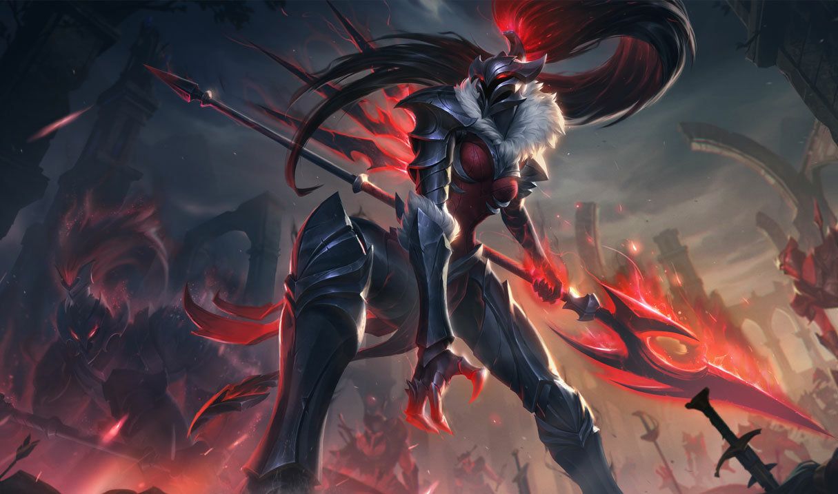 Kalista in Her Red and Black Outfit with Plume on Her Helmet and Spear in Hand