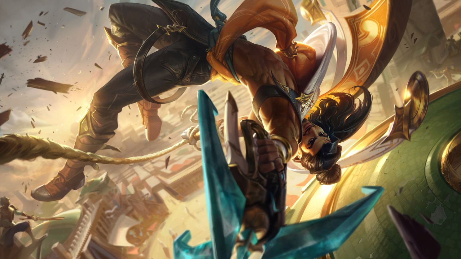 Akshan Champion Chosen in League of Legends doing a Flip in the Air with Weapons