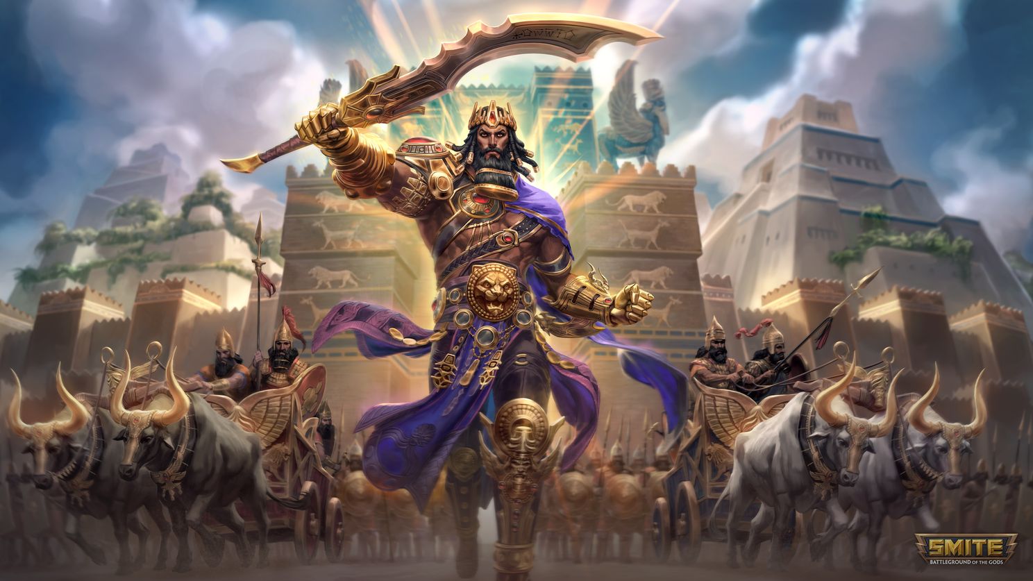 Smite Hero Gilgamesh Leading Troops in Front of Castle