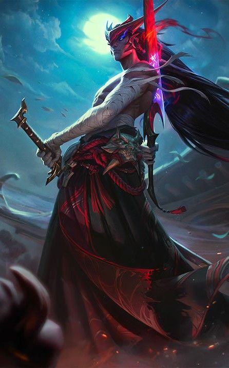 Yone Champion in League of Legends Standing in Front of Full Moon with Hands on Swords and Black Smoke at His Feet