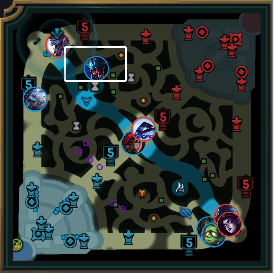 Mini map showing a successful gank on the opposite side in the top lane