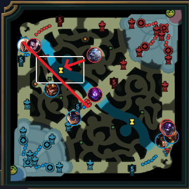 League of Legends minimap showing approach of volibear to uncontested scuttle crab demonstrating good wave management