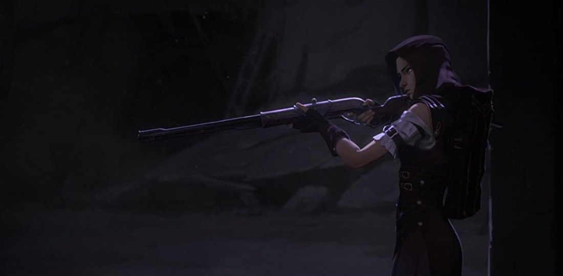 In the undercity of Zaun caitlyn aims her weapon on the TV show Arcane