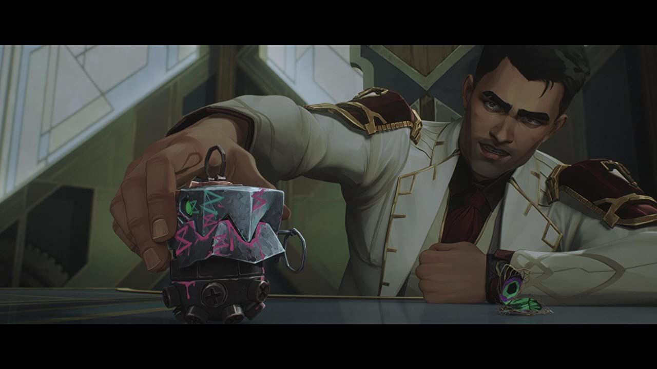 Jayce from Arcane holding one of Jinx's explosive devices thinking it is from the Firelights