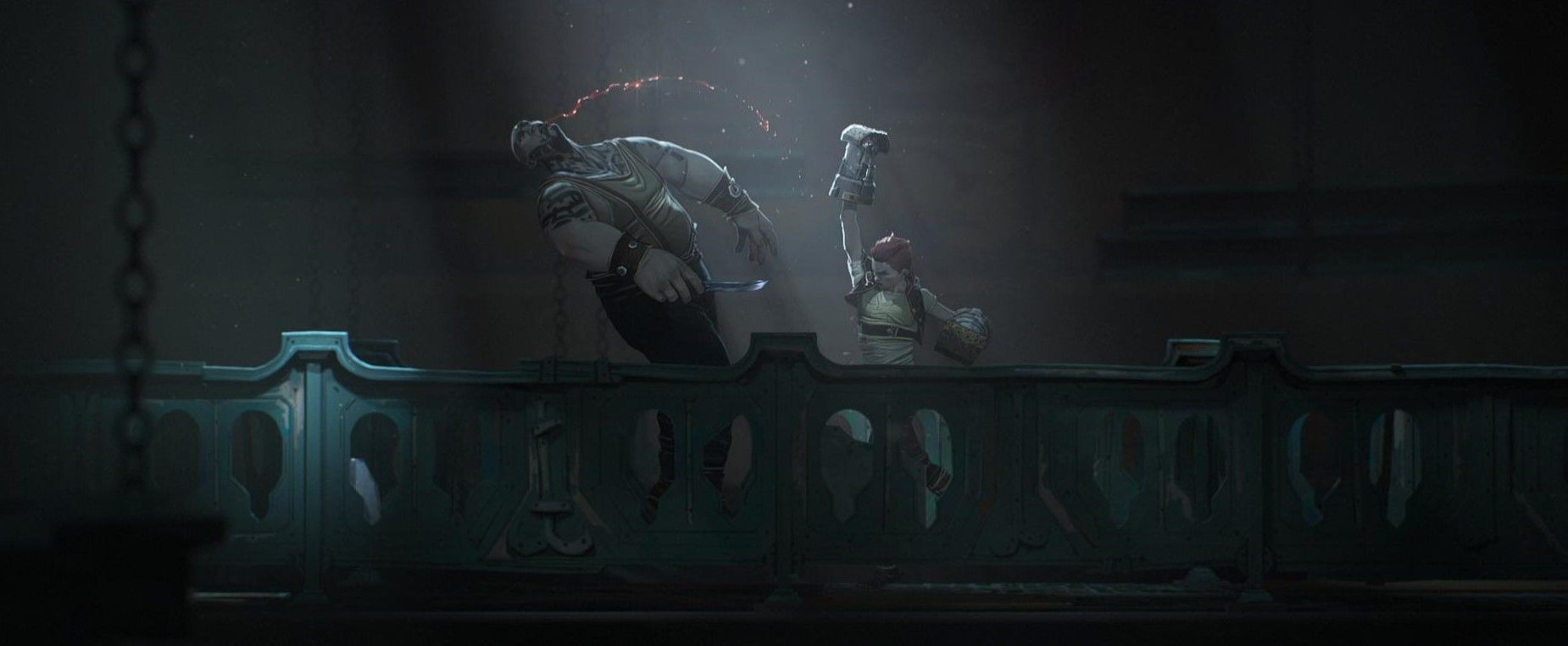 Vi punching enemy with gauntlets on a bridge