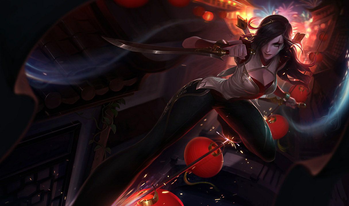 Kat sliding on a rope during chinese new year event with blades in hands and gold accents on her clothes