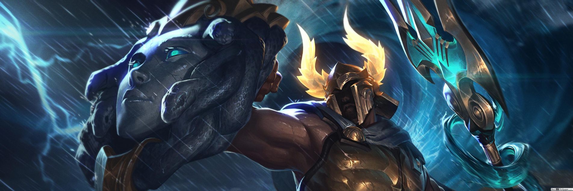 Pantheon Champ in LoL with Medusa Sheild and Spear with Lightning Behind Him