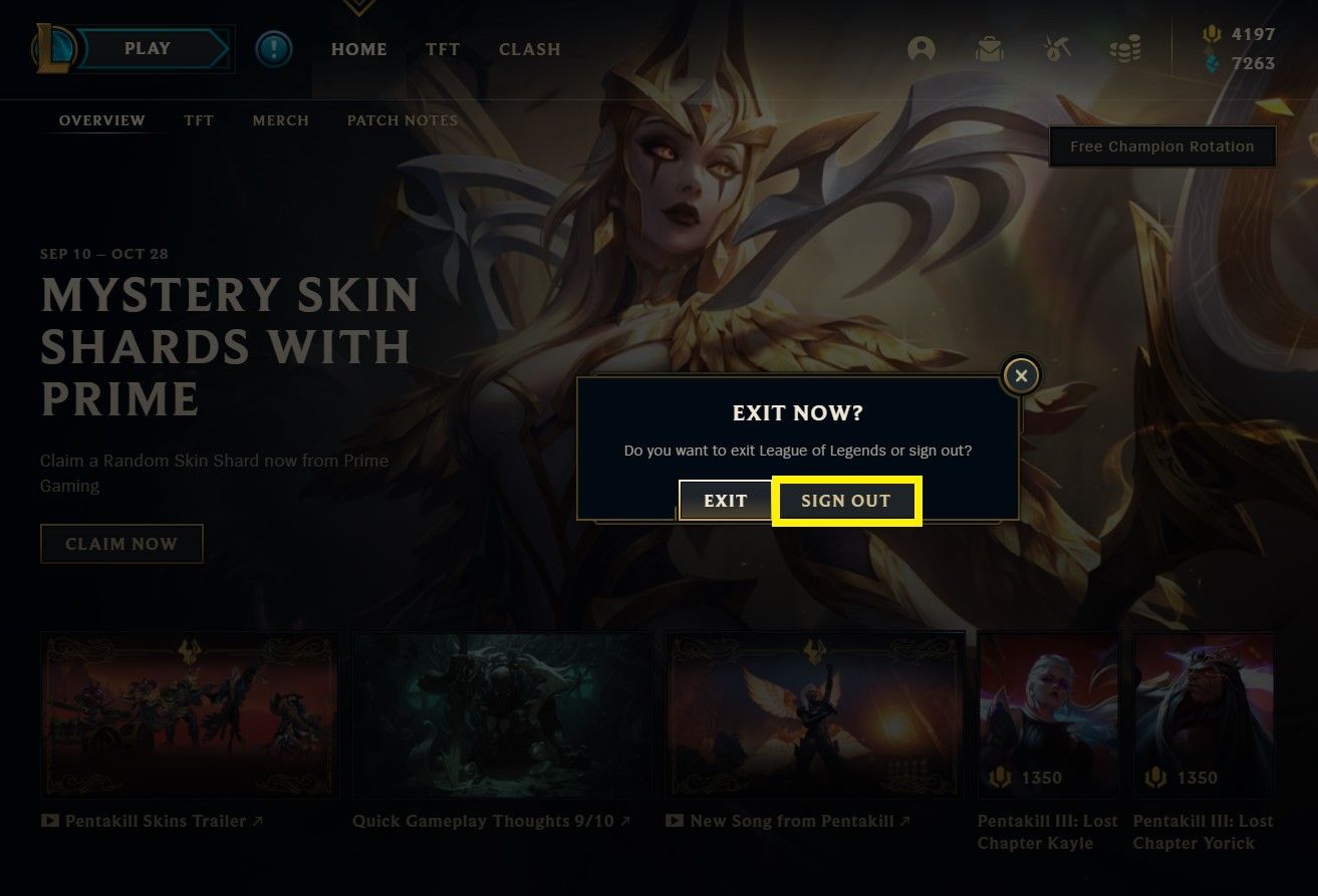 League of Legends game client at the sign out screen