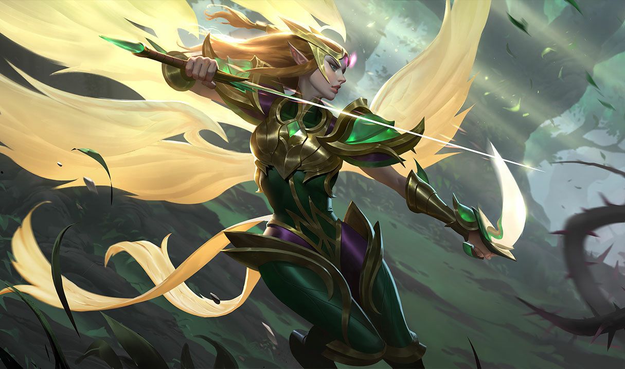 Kayle Dashing and Preparing to Attack with Two Swords While Wearing Green Armor