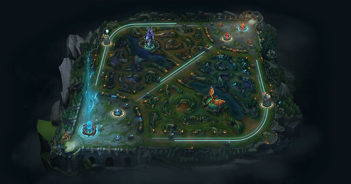 League of Legends Rift Map from High Above Showing Lanes Minions Will Run Down