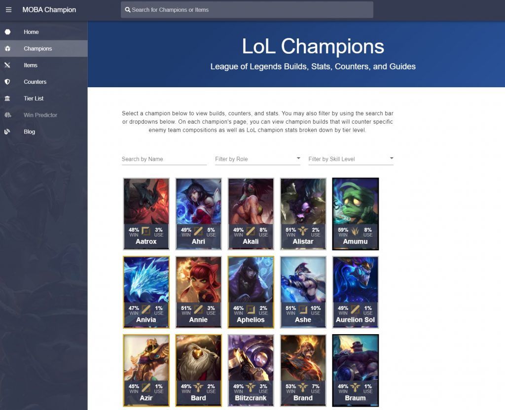 MOBA Champion Champions Page