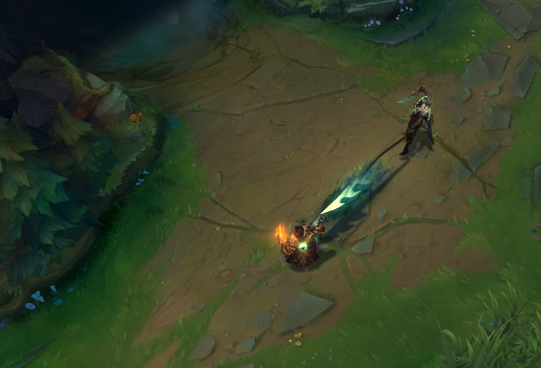 Pyke using his Q ability like a hook to grab another player champion