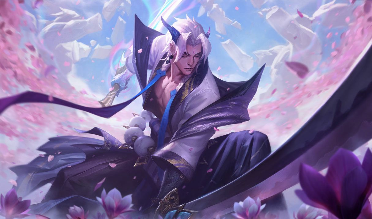 Yone Guide in LoL is Chopping Blossoms Falling Through the Air