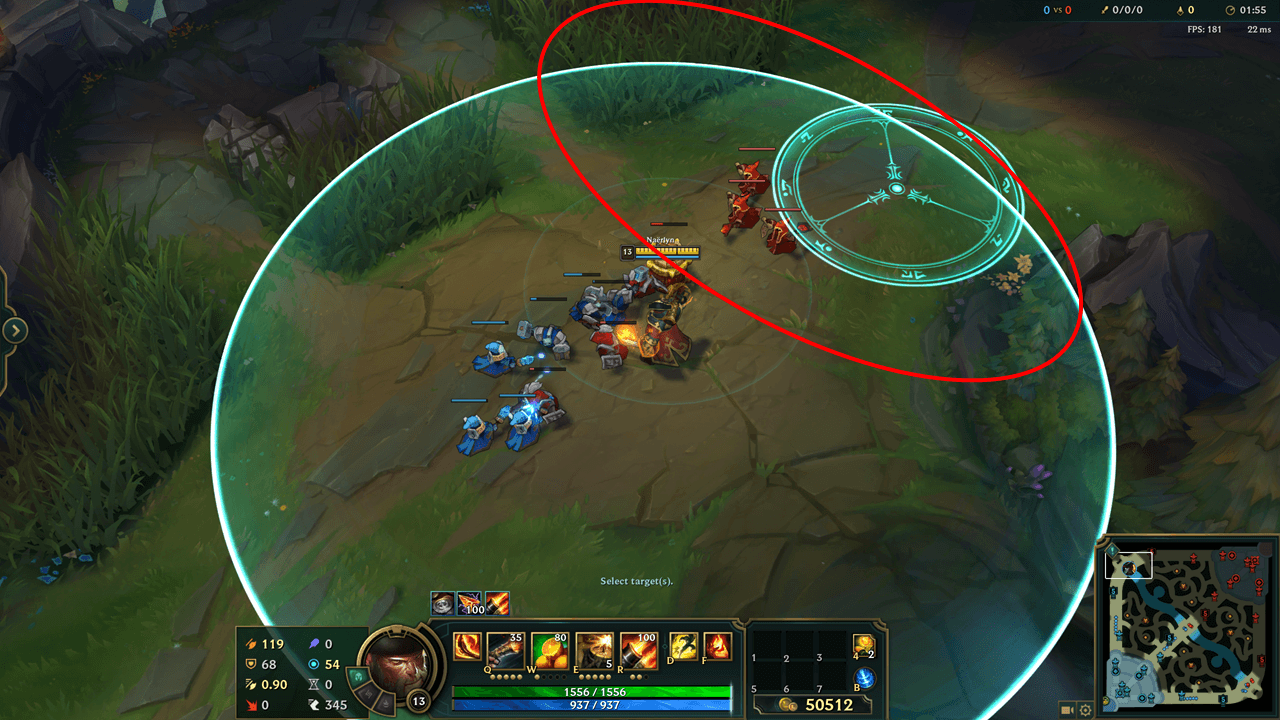 Indicator showing the entire range covered by Gangplank's Barrels in red outline in top lane
