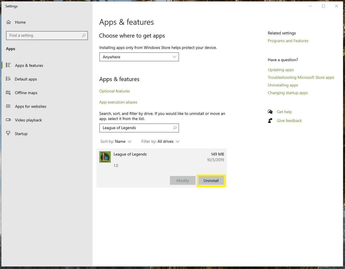 Step 3 Select Uninstall League of Legends
