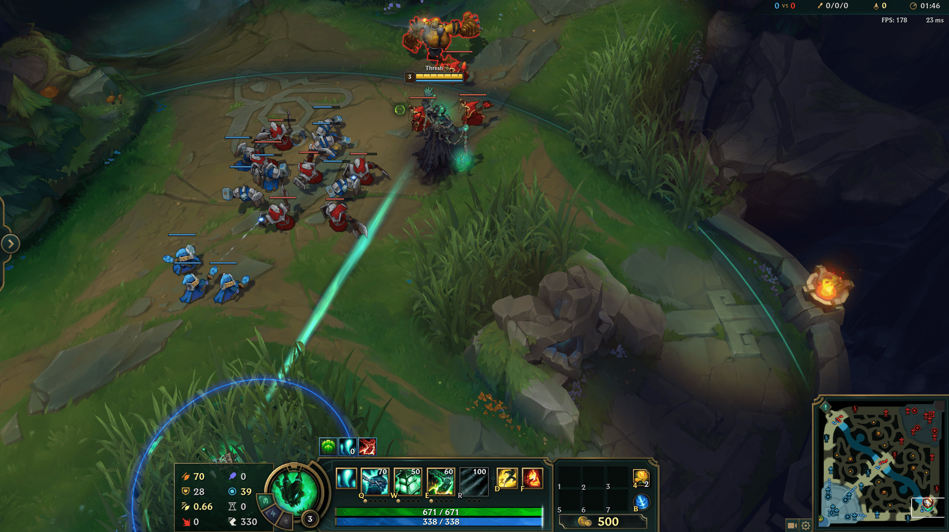 A good trick for Thresh is to use his lantern as bait to confuse enemies and make them think someone else is about to gank from a bush